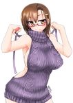  backless_dress backless_outfit bare_shoulders breasts brown_eyes brown_hair dress glasses hair_ornament hairclip halterneck highres karui_ritsuko large_breasts long_hair meme_attire naked_sweater naughty_face original raised_eyebrows sideboob simple_background solo sweater sweater_dress sweater_vest thighs tokihama_jirou virgin_killer_sweater white_background 