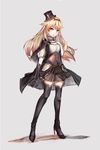  alternate_costume black_cape black_footwear black_gloves black_legwear blonde_hair boots cape corset full_body gloves grey_background hair_flaps hand_on_own_chest hat high_heel_boots high_heels highres kantai_collection long_hair looking_at_viewer mini_hat parted_lips red_eyes remodel_(kantai_collection) simple_background single_glove solo thigh_boots thighhighs top_hat unajuu_(set_mk) yuudachi_(kantai_collection) zettai_ryouiki 