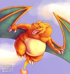  2016 3_toes 4_fingers armpits belly big_belly biped blue_sky charizard claws cloud countershading day digital_media_(artwork) dragon fangs feral fire flaming_tail flying front_view green_eyes hi_res horn male membranous_wings multicolored_scales nintendo open_mouth orange_horn orange_scales orange_tail outside overweight overweight_male pink_tongue pok&eacute;mon scales scalie skaifox sky solo tan_belly tan_countershading tan_scales teeth toe_claws toes tongue two_tone_scales video_games watermark white_claws wings 