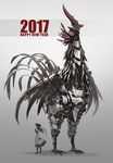  2017 angpao animal_robot ant_(fenixant) arm_at_side bird black_footwear black_gloves black_hair black_hat boots chicken chinese_zodiac dress english gloves grey_background happy_new_year hat holding legs_apart long_hair long_sleeves new_year original pants peaked_cap pointy_ears profile robot rooster sketch solo white_dress year_of_the_rooster 