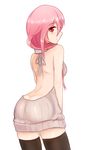  aran_sweater ass backless_dress backless_outfit bare_back bare_shoulders black_legwear blush butt_crack commentary cowboy_shot dress from_behind guilty_crown halterneck long_hair looking_at_viewer looking_back meme_attire naer0 naked_sweater pink_hair red_eyes ribbed_sweater simple_background skindentation smile solo sweater sweater_dress thighhighs turtleneck turtleneck_sweater virgin_killer_sweater white_background yuzuriha_inori 