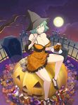  alternate_costume bangs bare_shoulders breasts candy choker cleavage closed_mouth collarbone cross cupcake dress eating expressionless food fork full_moon green_hair halloween halloween_costume hat hikage_(senran_kagura) jack-o'-lantern large_breasts lollipop looking_at_viewer moon night night_sky official_art orange_dress outdoors pouch senran_kagura senran_kagura_new_wave short_hair sitting sky solo strapless strapless_dress tombstone witch_hat wrapped_candy yaegashi_nan yellow_eyes 