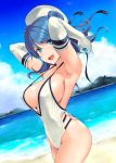  1girl :d alternate_costume armpits arms_up beach blue_eyes blue_hair blue_sky breasts cleavage contrapposto cowboy_shot day double_bun elbow_gloves eyebrows_visible_through_hair gloves halterneck hat highres horizon kantai_collection large_breasts long_hair looking_at_viewer one-piece_swimsuit open_mouth sideboob sky smile solo strap_gap swimsuit urakaze_(kantai_collection) wa_(genryusui) white_gloves white_swimsuit 