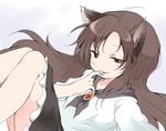  :p animal_ears brown_hair dress frilled_dress frills imaizumi_kagerou long_hair nanana_(chicken_union) red_eyes smile solo tongue tongue_out touhou wolf_ears 