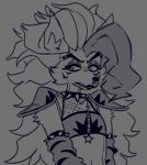 anthro arm_warmers armband armwear big_hair canid canine canis clothing collar crop_top cryptiacurves digital_drawing_(artwork) digital_media_(artwork) eyeshadow facial_piercing female fishnet_clothing five_nights_at_freddy&#039;s five_nights_at_freddy&#039;s:_security_breach grey_background greyscale hair inner_ear_fluff lips long_hair looking_away makeup mammal messy_hair monochrome nose_piercing pattern_arm_warmers pattern_armwear pattern_clothing piercing roxanne_wolf scottgames sharp_teeth shirt shoulder_pads simple_background sketch solo spiked_armband spiked_collar spikes steel_wool_studios striped_arm_warmers striped_armwear striped_clothing stripes teeth topwear tuft wolf