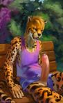  2017 anthro armpits athletic balls big_penis cheetah chunie clothed clothing day digital_media_(artwork) erection feline fur glans hair hi_res humanoid_penis king_cheetah male mammal on_bench open_mouth open_shorts orange_fur outside partially_clothed partially_retracted_foreskin penis precum shirt shorts sitting solo spots tank_top tongue uncut vein veiny_penis white_fur 