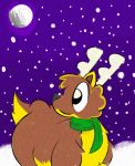  2018 absurd_res antlers brown_fur canine christmas coyote digital_media_(artwork) feral fur happy hi_res holidays horn hybrid landscape looking_up male mammal moon mustelid night racolver scarf smile snow solo warp0fwrath wolf wolverine yellow_fur 