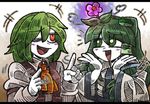  2girls :d ;d ascot blush_stickers eyebrows_visible_through_hair flower flower_on_head frog_hair_ornament green_eyes green_hair hair_between_eyes hair_ornament hair_tubes index_finger_raised kazami_yuuka kochiya_sanae letterboxed line_shading long_hair long_sleeves multiple_girls one_eye_closed open_mouth pink_flower red_eyes red_vest shirt short_hair smile suenari_(peace) touhou upper_body vest white_shirt white_skin wide_sleeves yellow_neckwear 