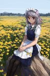  apron black_legwear blue_dress blue_eyes bow braid day dress field flower flower_field hair_bow izayoi_sakuya light_smile looking_at_viewer maid maid_apron maid_headdress pantyhose rock short_sleeves silver_hair sitting sky solo touhou treeware twin_braids waist_apron 