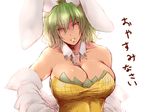  &gt;:) animal_ears bangs bare_shoulders breasts bunny_ears bunny_girl bunnysuit cleavage collarbone commentary_request detached_collar fake_animal_ears green_hair kazami_yuuka large_breasts looking_at_viewer orange_eyes parted_lips smile solo tobisawa touhou translation_request undressing upper_body v-shaped_eyebrows 