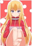  absurdres aburakatamari bad_id bad_pixiv_id barefoot blonde_hair blue_eyes computer gabriel_dropout highres jacket laptop long_hair long_sleeves looking_at_viewer messy_hair sitting solo tenma_gabriel_white track_jacket very_long_hair 