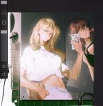 1boy 1girl art_program_in_frame bathroom blonde_hair brown_hair classicaloid closed_mouth earrings faucet franz_liszt_(classicaloid) frederic_chopin_(classicaloid) holding jewelry long_hair midriff mirror_selfie navel octahooves pants selfie toothbrush white_pants 