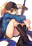  ahoge artoria_pendragon_(all) bangs bare_legs baseball_cap black_hat blonde_hair blue_eyes blue_jacket blush boots breasts brown_footwear brown_shorts closed_mouth commentary_request cross-laced_footwear excalibur eyebrows_visible_through_hair fal_maro fate/grand_order fate_(series) hair_between_eyes hat head_tilt highres jacket knee_boots knees_up lace-up_boots leaning_forward long_hair long_sleeves looking_at_viewer mysterious_heroine_x ponytail shorts simple_background sitting small_breasts smile solo sword thighs track_jacket weapon white_background 