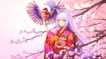  animal animal_ears bangs bird blunt_bangs cherry cherry_blossoms chicken eyebrows_visible_through_hair floral_print flower food fox_ears fox_tail fruit highres hime_cut japanese_clothes kimono lavender_hair long_hair looking_at_viewer nengajou new_year obi original petals rizihike rooster sash smile solo tail very_long_hair wide_sleeves yellow_eyes yukata 