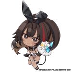  1girl animal_ears bay_(nikke) bay_(radiant_rabbit)_(nikke) black_shoes breast_curtains breasts brown_hair chibi commentary covered_navel cup dark-skinned_female dark_skin elbow_gloves english_commentary fake_animal_ears full_body gloves goddess_of_victory:_nikke headset highres holding holding_tray leotard long_hair looking_at_viewer mole mole_on_breast mole_under_mouth multicolored_hair official_art playboy_bunny rabbit_ears see-through_clothes see-through_leotard shoes soda_bottle solo streaked_hair tan tanlines totatokeke tray underboob very_long_hair 