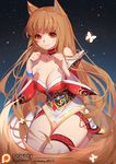  ahri ahri_(cosplay) animal_ears breasts brown_hair cleavage commentary cosplay crossover english_commentary gold_trim holo korean_clothes large_breasts league_of_legends long_hair low_neckline red_eyes sky smile songjikyo spice_and_wolf star_(sky) starry_sky wolf_ears 