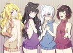  backless_dress backless_outfit bare_back black_hair blake_belladonna blonde_hair blue_eyes bow breast_envy closed_eyes commentary dress hair_bow halterneck laughing maguro_(guromaguro) meme_attire multiple_girls naked_sweater purple_eyes red_hair ruby_rose rwby sweater sweater_dress virgin_killer_sweater weiss_schnee white_hair yang_xiao_long yellow_eyes 