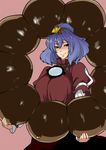 bangs blush breasts closed_mouth commentary_request doughnut food hair_ornament highres holding holding_food large_breasts leaf_hair_ornament looking_at_viewer mirror pon_de_ring purple_hair red_eyes rope smile solo tobisawa touhou upper_body wavy_mouth yasaka_kanako 