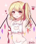  arm_behind_back artist_name bangs bare_shoulders blonde_hair bra cat_cutout cat_ear_panties cat_lingerie cleavage_cutout closed_mouth collarbone eyebrows_visible_through_hair fang flandre_scarlet flat_chest groin hair_ribbon hand_to_own_mouth hand_up meme_attire navel orange_eyes panties paw_print red_ribbon ribbon side_ponytail solo sparkle stomach touhou underwear underwear_only white_bra white_panties wings yuria_(kittyluv) 