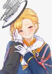  1boy 1girl absurdres ascot azur_lane blonde_hair blue_dress blue_eyes blush breasts commander_(azur_lane) commission dress earrings english_commentary gloves hand_on_another's_arm hand_on_another's_cheek hand_on_another's_face hand_on_another's_hand hat heart highres hood_(azur_lane) jewelry kghazir long_dress looking_at_viewer pov pov_hands ring simple_background smile union_jack_print upper_body vgen_commission wedding_ring white_ascot white_background white_gloves white_hat 