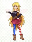  alternate_costume american_flag_legwear bare_shoulders belt blonde_hair boots cato_(monocatienus) checkered checkered_background clothes_writing clownpiece commentary_request contemporary fairy_wings full_body long_hair looking_at_viewer miniskirt no_hat no_headwear open_mouth pantyhose red_eyes scarf shoulder_cutout skirt solo striped striped_legwear striped_scarf touhou v very_long_hair wings 