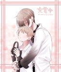  2boys 92maro :o age_difference aikuchi_mikuji belt black_belt black_pants black_shirt blonde_hair blush border brown_hair chest_tattoo choker closed_eyes collarbone collared_shirt earrings faceless faceless_male from_side front-to-back gold_earrings gradient_clothes gradient_shirt hair_behind_ear hair_over_one_eye halftone halftone_background hand_tattoo head_on_head head_rest headphones height_difference highres holding holding_headphones hug hug_from_behind hypnosis_mic hypnosis_mic:_alternative_rap_battle inset_border jewelry layered_shirt light_blush long_sleeves male_focus multiple_boys onii-shota open_clothes open_shirt outline own_hands_together pants pink_border protagonist_(hypnosis_mic:_alternative_rap_battle) shirt shirt_partially_tucked_in short_hair short_sleeves tattoo translation_request unworn_headphones upper_body very_short_hair white_outline white_shirt yaoi 