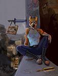 anthro armpits boots canine clothed clothing collar dagger female footwear knife looking_at_viewer mammal melee_weapon plgdd sitting solo spiked_collar spikes weapon 