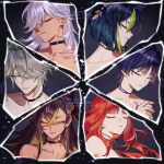  2girls 4boys alhaitham_(genshin_impact) animal_ears black_choker black_hair blonde_hair brown_hair choker closed_eyes cyno_(genshin_impact) dark-skinned_male dark_skin dehya_(genshin_impact) earrings fox_ears genshin_impact green_hair grey_hair hair_over_one_eye highres jewelry long_hair multicolored_hair multiple_boys multiple_girls necklace nilou_(genshin_impact) ojo_aa purple_hair red_hair scaramouche_(genshin_impact) short_hair streaked_hair tan tighnari_(genshin_impact) 