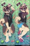  2:3 anthro aycee ball big_butt blue_claws blue_eyes bracelet brown_body brown_fur brown_hair brown_nose butt canid canine canis claws clothed clothing covering covering_crotch curled_tail dakimakura dakimakura_design domestic_dog eyewear feet fur glasses hair hi_res hindpaw jewelry lying male mammal mastectomy_scar on_back painted_claws pawpads paws pink_pawpads ponytail scar shiba_inu short_hair solo spitz tail tennis_ball terry_(roanoak) trans_(lore) trans_man_(lore) underwear 