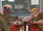  2017 anthro beverage blonde_hair bludermaus blue_eyes cellphone claws clothed clothing coffee colored desk digital_drawing_(artwork) digital_media_(artwork) diner duo female fur hair hi_res holding_object lips long_hair male mammal open_mouth pepper_shaker phone rat rodent salt_shaker signature sitting skunk stirring table teeth tongue white_hair window yellow_eyes 