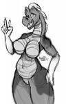  alligator big_breasts breasts crocodilian cute female kaenidi kali_(kaenidi) monochrome one_eye_closed peace_sign_(disambiguation) reptile scalie sharp_teeth smile solo teeth voluptuous wink 