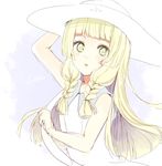  bangs bare_arms bare_shoulders blonde_hair blunt_bangs braid character_name collared_dress dress green_eyes hat lillie_(pokemon) long_hair looking_at_viewer open_mouth pokemon pokemon_(game) pokemon_sm sleeveless sleeveless_dress solo sun_hat sundress twin_braids upper_body white_dress white_hat yuri_(ccsmc_y9) 