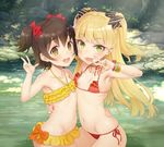  akagi_miria bangle bikini black_hair blonde_hair bow bracelet brown_eyes fangs flat_chest frilled_bikini frills green_eyes hair_bow idolmaster idolmaster_cinderella_girls jewelry jougasaki_rika long_hair looking_at_viewer multiple_girls navel open_mouth river short_hair smile swimsuit terumii two_side_up w 