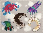 6_eyes ambiguous_gender animate_inanimate antennae_(anatomy) arachnid arthropod blue_body blue_eyes bodily_fluids brown_body centipede concept_art cuttledreams digital_drawing_(artwork) digital_media_(artwork) earwig eyeless feathered_wings feathers feral fly_(animal) flying_sweatdrops green_body grey_background group hi_res hooded_tickspider housefly insect insect_wings living_plushie mandibles millipede multi_eye multi_limb myriapod pink_body plushie red_body red_eyes segmented_body simple_background sweat sweatdrop tail white_body white_eyes white_wings wings yellow_eyes