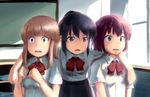  absurdres arm_around_shoulder black_hair brown_eyes brown_hair classroom commentary_request girl_sandwich highres kimi_no_na_wa miyamizu_mitsuha multiple_girls open_mouth personality_switch ponytail sandwiched scared school_uniform sidelocks sweatdrop tearing_up tears tsubasa_(abchipika) 