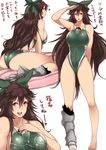  ass between_breasts bow breasts brown_eyes brown_hair commentary_request hair_bow kneeling large_breasts long_hair multiple_views one-piece_swimsuit reiuji_utsuho shoes sideboob simple_background single_shoe sitting smile swimsuit third_eye tobisawa touhou translation_request very_long_hair wariza wet wet_clothes wet_swimsuit white_background 