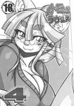  anthro big_breasts black_and_white breasts cat cleavage clothed clothing comic cover cover_page doujinshi english_text eyebrows eyewear feline female glasses hair humanoid japanese japanese_text kimidori_(nakagami_takashi) mammal monochrome nakagami_takashi sweater text thick_eyebrows translation_request 