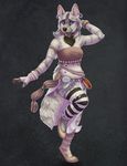  2017 anklet anthro biped black_background blue_eyes bracelet brown_claws brown_clothing brown_fur brown_nose brown_topwear claws clothed clothing crop_top dancing digital_media_(artwork) ear_piercing female fingerless_gloves fluffy fluffy_tail footwear front_view full-length_portrait fur gloves grey_fur grey_hair grey_stripes grey_tail hair hi_res hyena jewelry leg_warmers legwear loincloth long_hair looking_at_viewer mammal midriff multicolored_fur multicolored_hair multicolored_tail on_one_leg open_mouth piercing portrait sapphire_(steampunk-pyro) scaleeth shirt shoes signature simple_background smile snout socks solo standing striped_fur striped_hyena stripes teeth two_tone_hair two_tone_tail watermark white_belly white_bottomwear white_clothing white_fur white_hair white_tail 