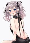  alternate_costume aran_sweater backless_dress backless_outfit bare_back bare_shoulders black_ribbon blue_eyes blush breasts butt_crack dress flying_sweatdrops from_behind hair_ribbon halterneck kantai_collection kashima_(kantai_collection) large_breasts looking_at_viewer looking_back meme_attire naked_sweater no_hat no_headwear open_mouth ribbed_sweater ribbon sakura_hiyori sideboob silver_hair solo sweater sweater_dress turtleneck turtleneck_sweater virgin_killer_sweater wavy_hair 