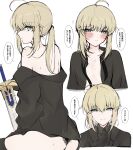  1girl absurdres ahoge aqua_eyes artoria_pendragon_(fate) bare_shoulders black_gloves black_jacket black_necktie black_shirt blonde_hair blush breasts cleavage closed_mouth collarbone collared_shirt commentary_request excalibur_(fate/stay_night) fate/zero fate_(series) from_side gloves hair_between_eyes hand_up hayato_hoshi604 highres holding jacket lace lace_panties lapels long_hair long_sleeves looking_at_viewer mole mole_on_ass mole_on_breast multiple_views necktie no_bra notched_lapels off_shoulder open_clothes open_shirt panties parted_lips ponytail portrait saber_(fate) saber_(fate/zero) shirt sidelocks sideways_glance simple_background sitting small_breasts speech_bubble sweat sword translation_request underwear undone_necktie upper_body weapon white_background 