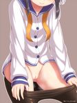  arisu_kazumi black_legwear brown_background head_out_of_frame kantai_collection no_panties pantyhose pantyhose_pull pussy school_uniform serafuku short_hair simple_background smile solo tokitsukaze_(kantai_collection) twitter_username uncensored undressing 