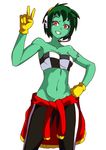  1girl :d alternate_costume checkered checkered_bra gloves green_hair green_skin hand_on_hip headphones highres midriff navel pants red_eyes rottytops shantae shantae_(series) shirt_around_waist short_hair skull smile solo stitches stomach strapless teeth track_pants tubetop undead zombie 