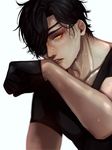  black_gloves black_hair blurry chiyome_(wavelove) closed_mouth depth_of_field eyepatch gloves half_gloves highres lips looking_at_viewer male_focus one_eye_covered parted_lips shokudaikiri_mitsutada short_sleeves sketch solo touken_ranbu upper_body wet wiping_face wiping_sweat yellow_eyes 