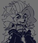 anthro big_hair black_clothing black_jacket black_topwear canid canine canis checkered checkered_clothing clothed clothing collar crop_top cryptiacurves digital_drawing_(artwork) digital_media_(artwork) eyeshadow facial_piercing female fishnet_clothing five_nights_at_freddy&#039;s five_nights_at_freddy&#039;s:_security_breach grey_background greyscale hair inner_ear_fluff jacket lips long_hair looking_away makeup mammal messy_hair monochrome nose_piercing open_clothing open_jacket open_topwear pattern_clothing piercing roxanne_wolf scottgames sharp_teeth shirt shoulder_pads simple_background sketch solo spiked_collar spikes steel_wool_studios teeth topwear tuft wolf