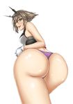  1girl ass bare_shoulders blush breasts brown_hair from_behind gloves green_eyes headgear huge_ass kantai_collection large_breasts leaning leaning_forward looking_at_viewer mutsu_(kantai_collection) open_mouth shiny shiny_hair shiny_skin short_hair sideboob smile solo takatora thong 