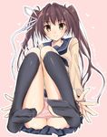  bangs black_skirt blush brown_hair closed_mouth commentary_request eyebrows_visible_through_hair full_body hair_intakes hair_ornament hair_ribbon heart imouto_no_seiiki knees_together_feet_apart legs long_hair looking_at_viewer nase_yukana panties panty_pull pink_background pleated_skirt ribbon school_uniform serafuku simple_background sitting skirt smile soles solo sweater thighs twintails underwear white_ribbon x_hair_ornament yellow_eyes yu_yu 