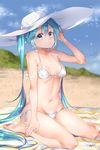  aqua_hair bad_id bad_pixiv_id beach bikini blue_eyes cloud day grin hat hatsune_miku highres long_hair looking_at_viewer navel omochi_(okowa_913) outdoors seiza side-tie_bikini sitting sky smile solo sun_hat swimsuit twintails very_long_hair vocaloid white_bikini white_hat 