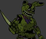 3d_(artwork) animatronic anthro bow_tie brain cryptiacurves digital_media_(artwork) five_nights_at_freddy&#039;s five_nights_at_freddy&#039;s_3 green_body grey_background half-closed_eyes holding_knife holding_object knife lagomorph leporid machine male mammal narrowed_eyes open_mouth organs purple_bow_tie rabbit robot robot_anthro scottgames simple_background solo springtrap_(fnaf) teeth white_eyes