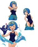  10s 1girl ^_^ ass bangs bare_shoulders blunt_bangs collarbone cowboy_shot eyes_closed fuhikari hairband looking_at_viewer looking_back nintendo npc npc_trainer one-piece_swimsuit pants pokemon pokemon_(creature) popplio simple_background standing suiren_(pokemon) swimsuit swimsuit_under_clothes trial_captain undressing water white_background 