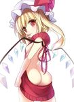  ass back backless_dress backless_outfit bare_back bare_shoulders blonde_hair blush bow breasts butt_crack cowboy_shot crystal dress eyebrows_visible_through_hair flandre_scarlet halterneck hand_to_own_mouth hand_up hat hat_bow highres janne_cherry legs_apart long_hair looking_at_viewer meme_attire mob_cap naked_sweater open_mouth red_eyes red_sweater ribbed_sweater ribbon shoulder_blades side_ponytail sideboob simple_background small_breasts solo sweater sweater_dress touhou turtleneck turtleneck_sweater virgin_killer_sweater white_background white_hat wings 